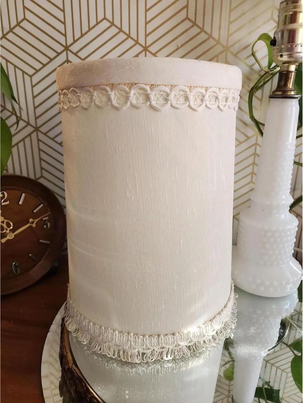 Vintage Milkglass Boudoir Table Lamp with Fringed Clip on Shade